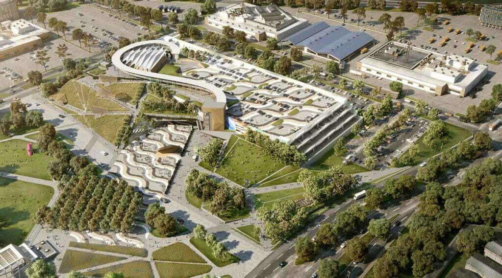 Artist rendering of parking garage for Fair Park's Community Park in Dallas, Texas