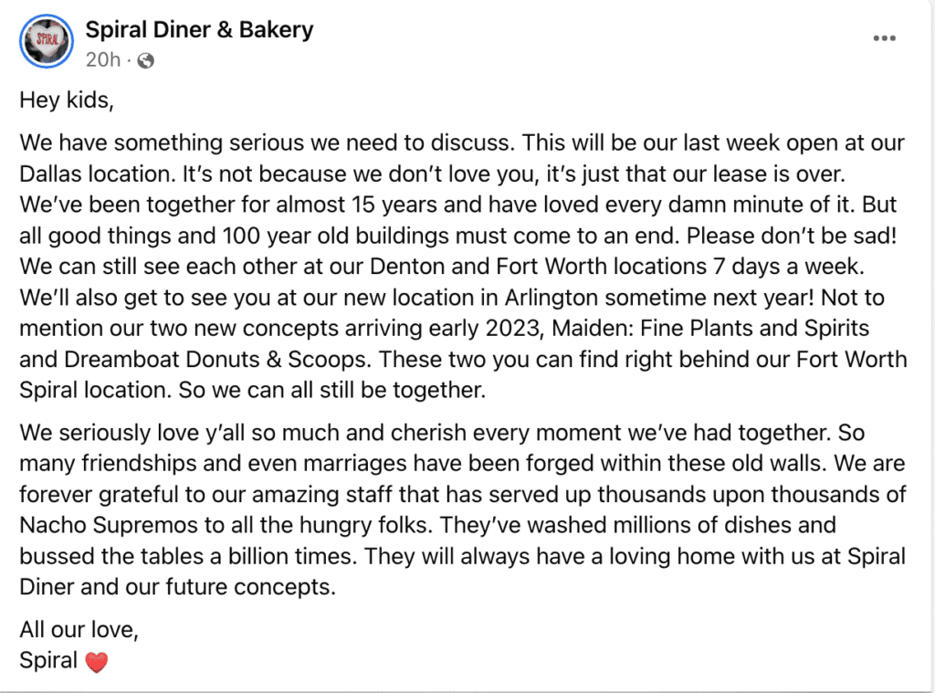 Post by Spiral Diner announcing closing